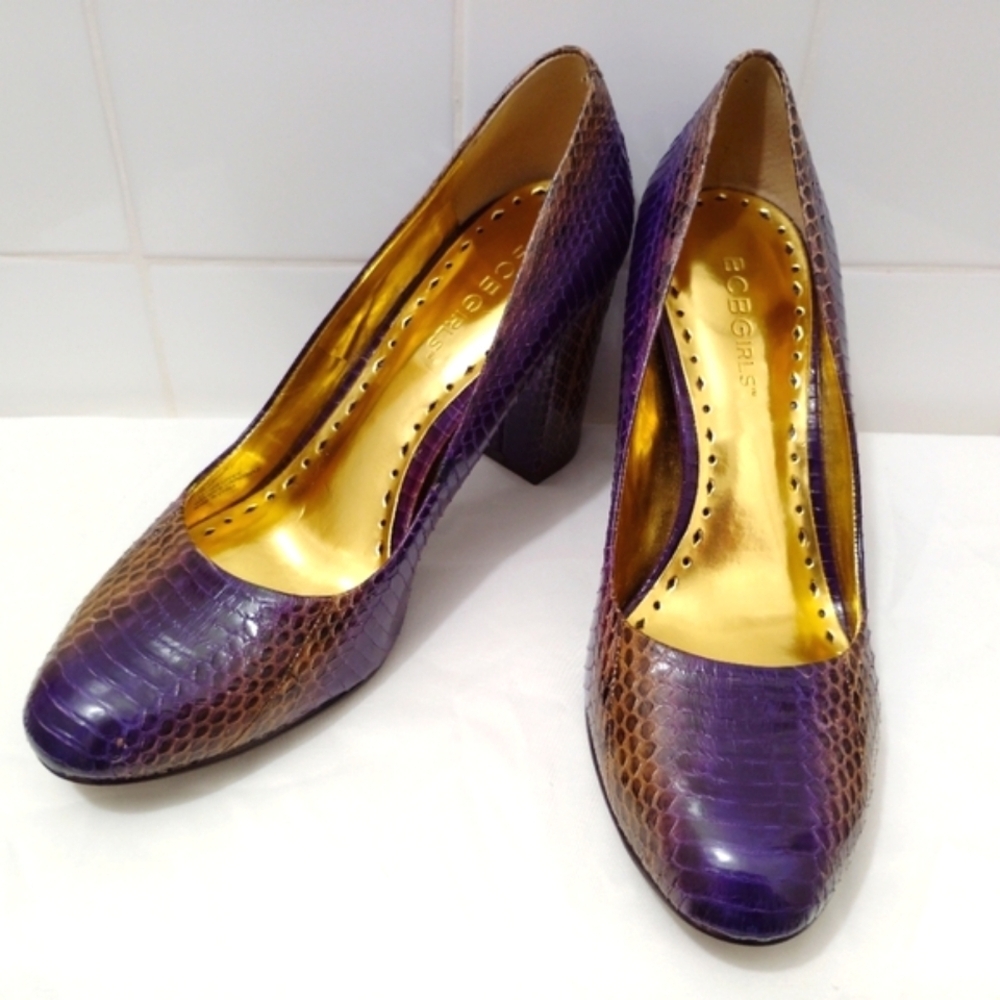 BCBG Calista Snakeskin Leather Heels Purple Gold 3" Block Heel US 7 - Picture 7 of 13